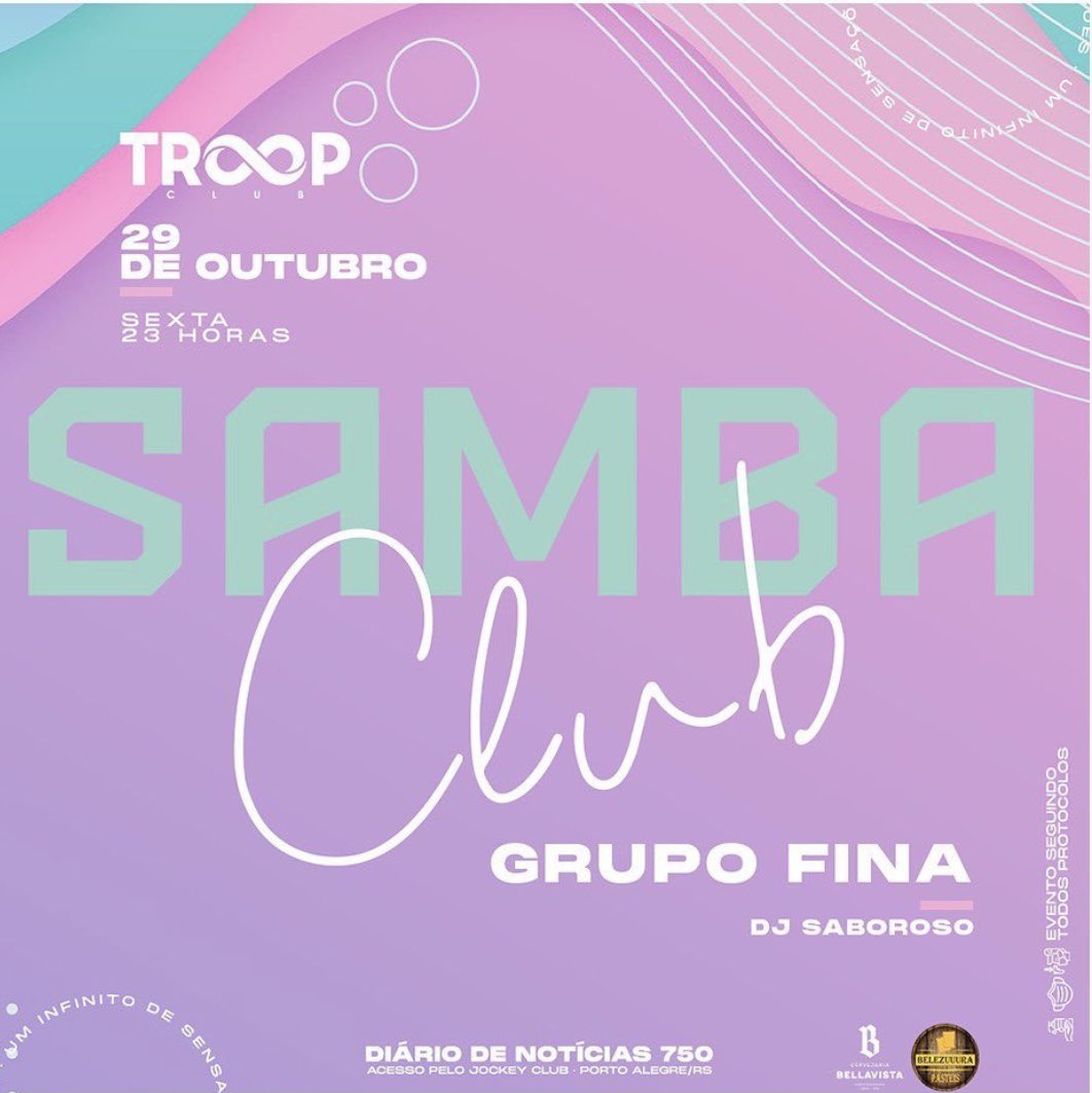 tktproducoes's tweet photo. SEXTA é dia de #scsambaclub na Troop Club. 😍

Confira as atrações presentes nesta edição:
🎤 GRUPO FINA
🎧 DJ SABOROSO

#troopclub #uminfinitodesensações #sambaclub #ilovepagode #pagodinhodatroop #descubra #vempratroop

Reserve já o seu espaço : (51) 3085-0525. https://t.co/KVasYBjFHe