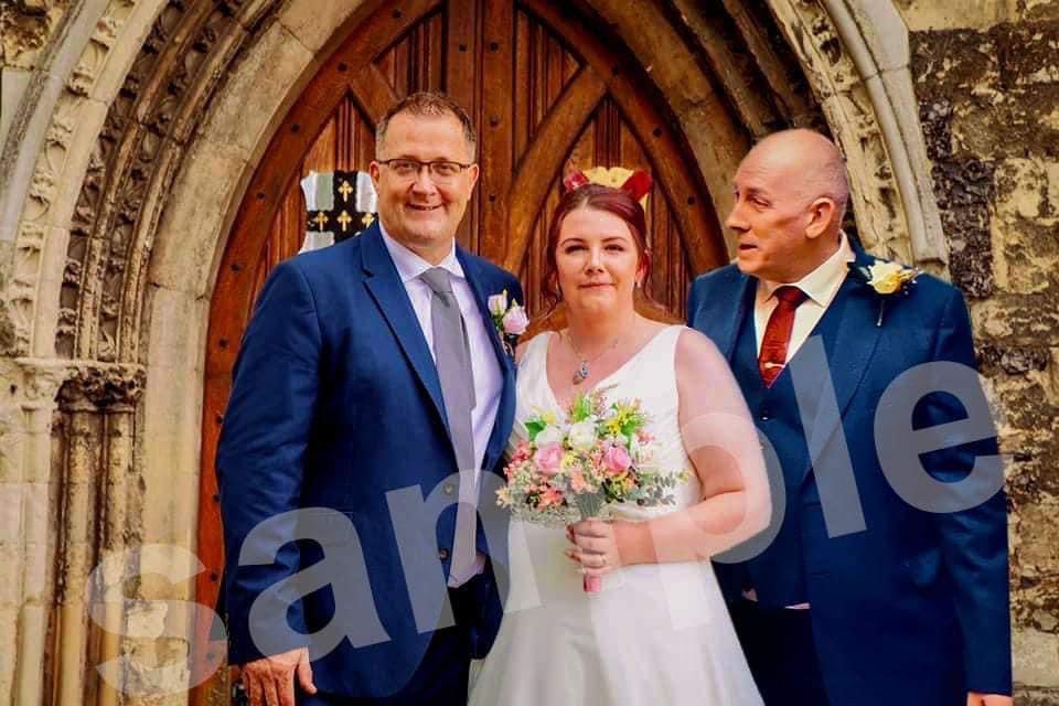 vicgoddard's tweet photo. Made me gasp when I got sent this. My friend and colleague, Alan, passed away just before his daughter Ashleigh’s wedding. I had the honour of standing in for him. Some very clever person on photoshop put this together. Wish I’d worn a red tie and we could have matched. Amazing https://t.co/m6ygBxRKvd