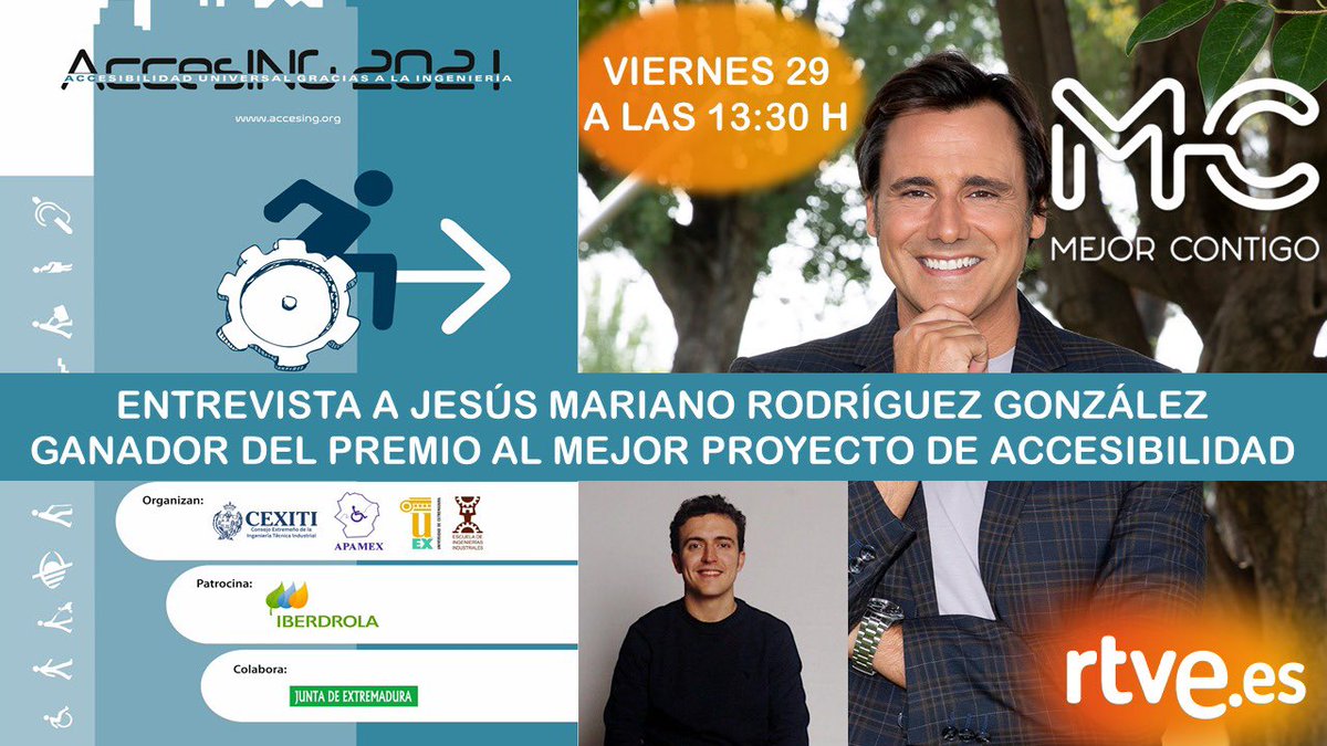Viernes 29 a las 13:30 h en <a href="/La1_tve/">La 1</a> de <a href="/rtve/">RTVE</a>, <a href="/MejorContigoTVE/">MejorContigoTVE</a> entrevista a Jesús Mariano Rodríguez, ganador del Premio al Mejor Proyecto de #Accesibilidad Universal, organizado por <a href="/CEXITI/">CEXITI</a> y #APAMEX, con la colaboración de <a href="/eii_uex/">E.II.II. UEx</a> <a href="/infouex/">UEx</a> y el Patrocinio de <a href="/iberdrola/">Iberdrola</a>
