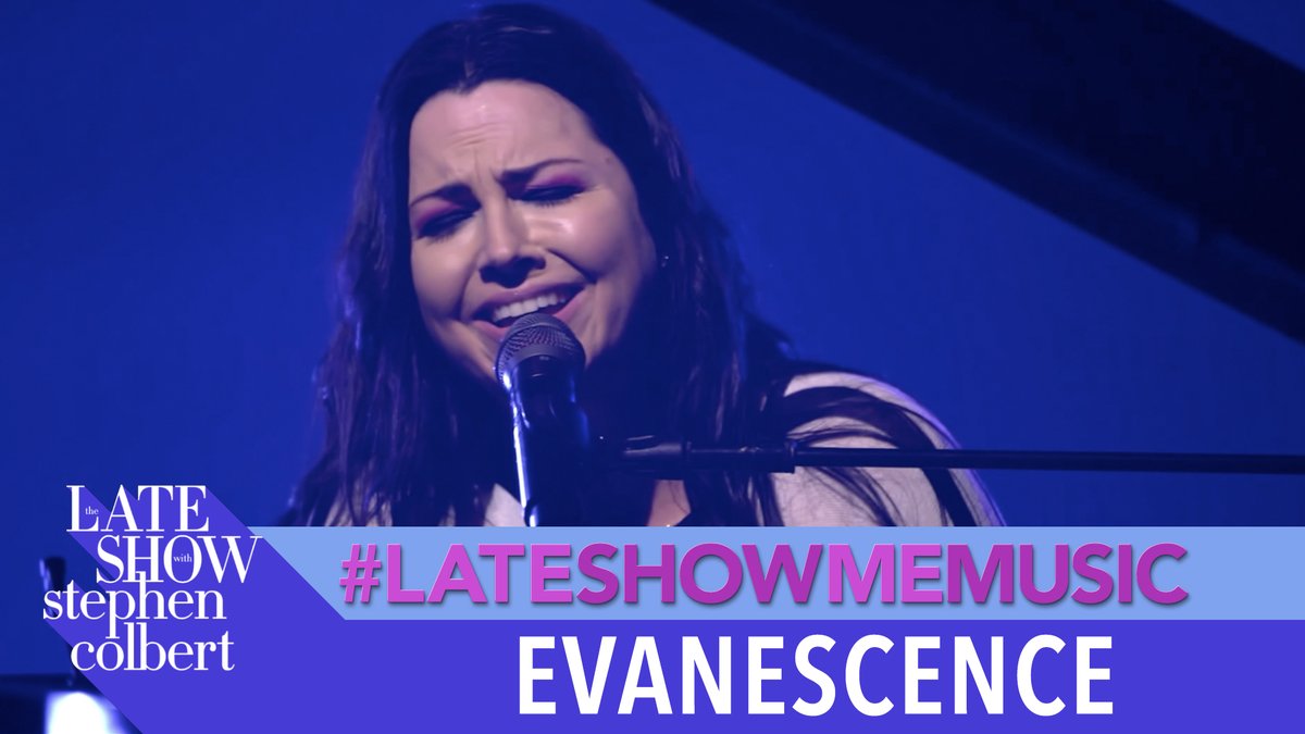 A screenshot from The Late Show with Stephen Colbert featuring a performance with the text 'Evanescence' and '#LATESHOWMEMMUSIC'.