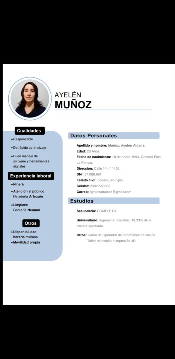 Ella es Ayelen y necesita conseguir un trabajo urgente para poder acceder a la adopción de su sobrino, el cual quedó huérfano hace una semana. 
Por favor no cuesta nada difundir.! Ya llevamos currículum a muchisimos lugares y aún no consigue nada.