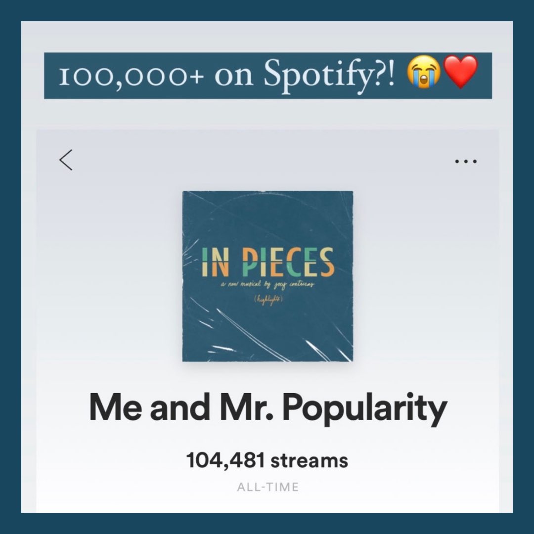 In Pieces: A New Musical (@inpiecesmusical) on Twitter photo Thanks to everyone who has streamed “Me and Mr. Popularity”! 100k! Shall we get it to 1 million?? ☺️
<a href="/andrewbfeldman/">Andrew Barth Feldman</a>
@joeycontreras Thanks to everyone who has streamed “Me and Mr. Popularity”! 100k! Shall we get it to 1 million?? ☺️
<a href="/andrewbfeldman/">Andrew Barth Feldman</a>
@joeycontreras
