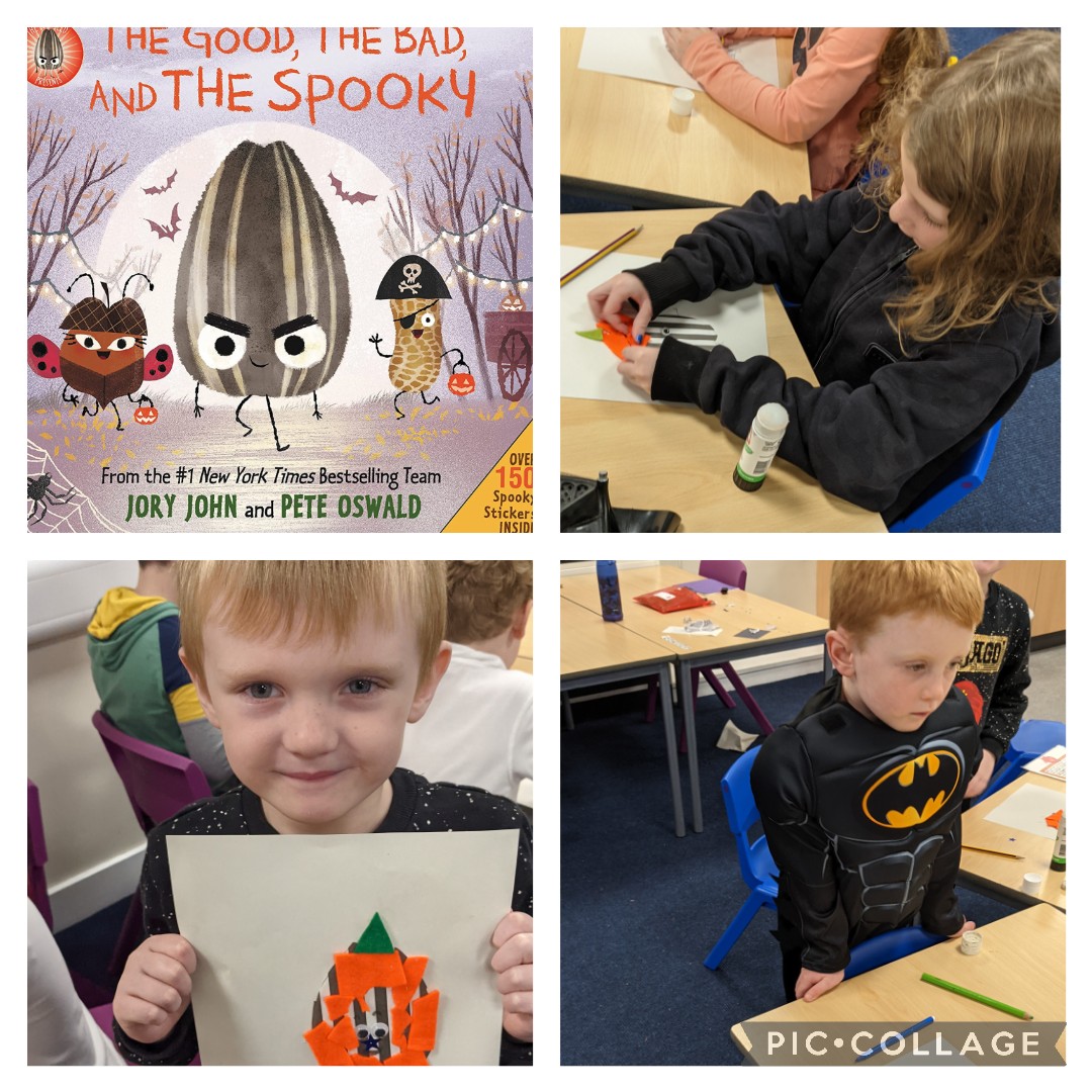 Mrs_Easson's tweet photo. Today we read The Good, The Bad and The Spooky by Jory John and Pete Oswald, and made some Halloween costumes for Mr. Seed using different materials! @strathyps1 https://t.co/J7z7ovmImh