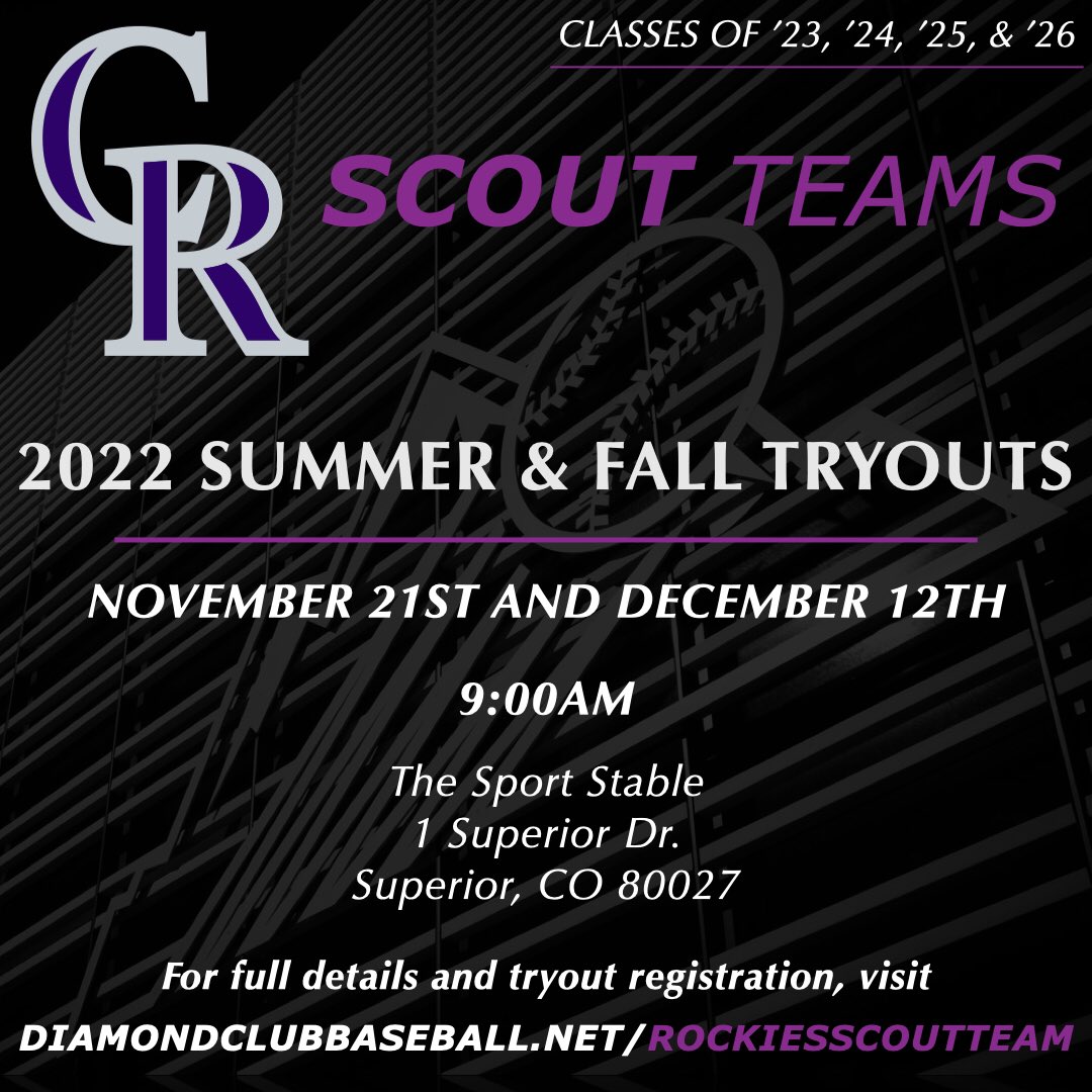 RockiesScout's tweet photo. Be a part of the Rockies Scout Team! Our first tryout dates for 2022 have been announced. Click the link in bio for full program details and tryout registration.
#tryouts #colorado #baseball #summer #fall #scoutteam #highschool #travelball #showcase #perfectgame #vtool https://t.co/fyDRlUxpiU