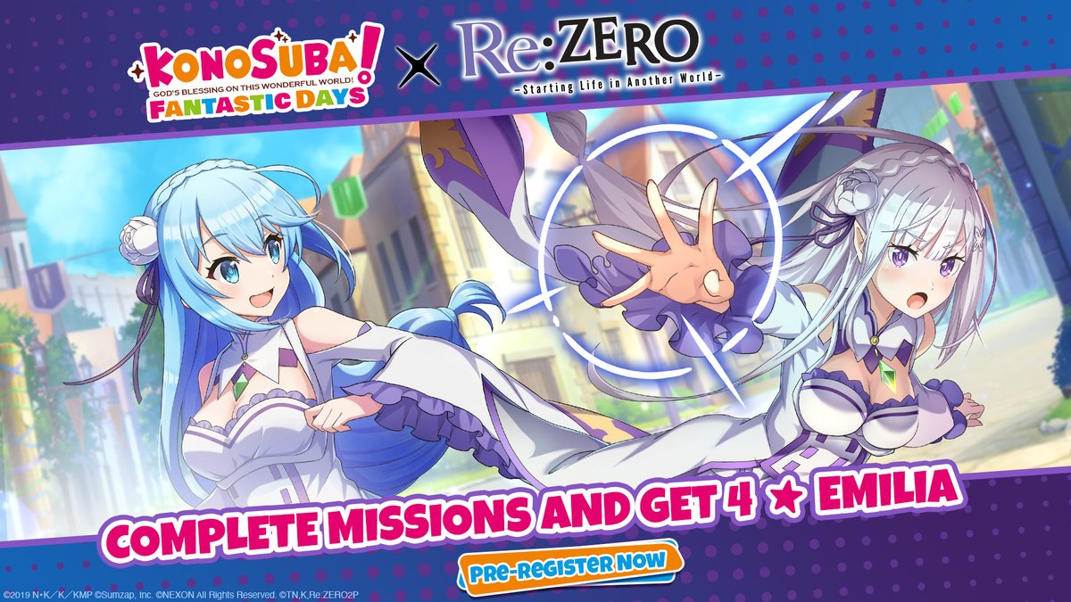 PlayKonoSuba's tweet photo. Adventurers, we've got exciting news 👀👀 The Re:Zero crew is joining our lovable goofs in an epic collaboration starting November 9th! #KonoSubaFantasticDaysXrezero

🙌 📲 Pre-register now: https://t.co/TYCyfKTHIZ https://t.co/uZHK86hd5H