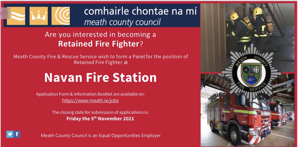 <a href="/MCCFireService/">Meath County Council Fire & Rescue Service</a> want to know are  you interested in becoming a retained firefighter in Navan? 

If so Navan Fire Station will be hosting an information night Monday the 1st of November from 7:30-8:30pm where you can find out more information!

<a href="/meathcoco/">Meath County Council</a> <a href="/FireIreland/">Fire-Ireland.com</a>
