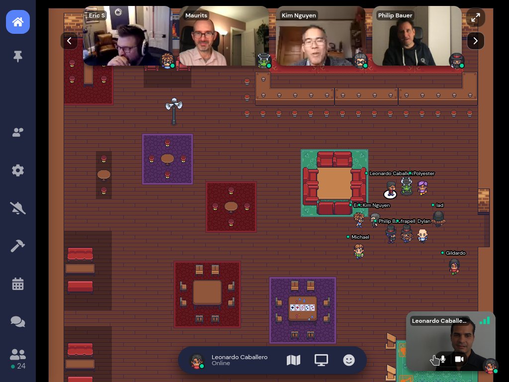 macagua's tweet image. #pyve el empresa @sixfeetup creó un espacio virtual usando @gather_town como la sede de la @ploneconf para realizar los espacios para compartir de los asistentes y la fiesta de la conferencia, muy original y genial la idea, nuevas formas de interacción humana. #ploneconf2021