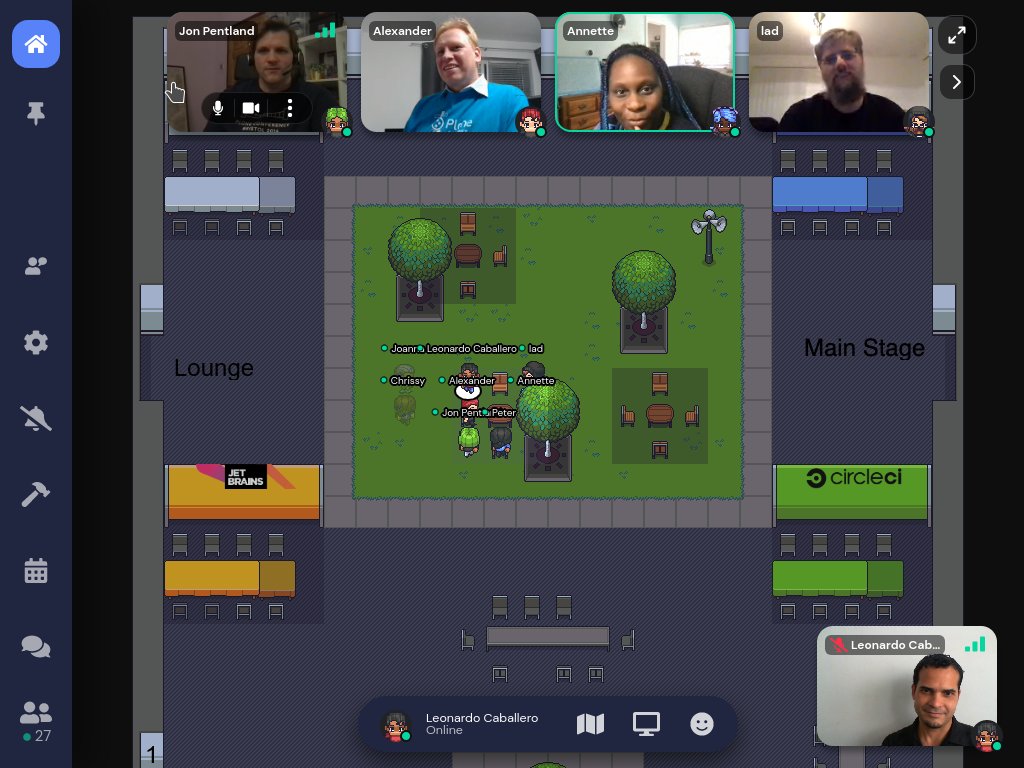 macagua's tweet image. #pyve el empresa @sixfeetup creó un espacio virtual usando @gather_town como la sede de la @ploneconf para realizar los espacios para compartir de los asistentes y la fiesta de la conferencia, muy original y genial la idea, nuevas formas de interacción humana. #ploneconf2021
