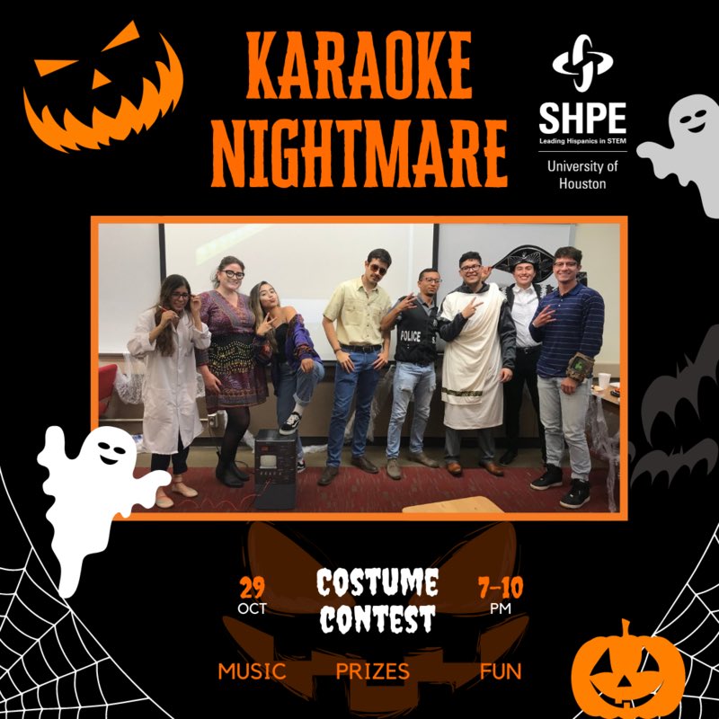 SHPE_UH's tweet photo. Get ready for a night filled with singing, a costume contest, and fun! The annual KARAOKE NIGHTMARE is here! 

When: Tomorrow, Friday Oct 29th | 7-9PM

RSVP in Bio

#SHPE #SHPEUH #SHPEresent #UHengineering #SHPEregion5 https://t.co/GRVTQFdGOv