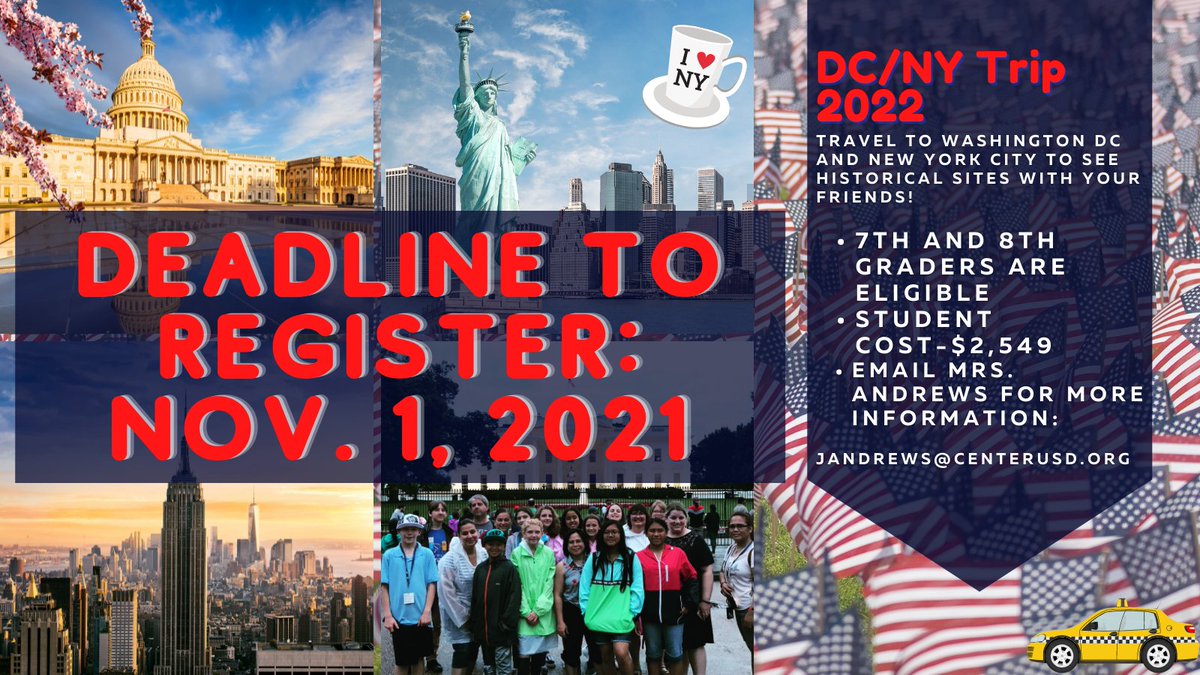 WilsonRiles's tweet photo. 📢Thinking about signing up for the DC/NY trip? Think fast, because the deadline to register is THIS MONDAY, November 1! Email Mrs. Andrews jandrews@centerusd.org for more info. https://t.co/M8KD8pBKs4