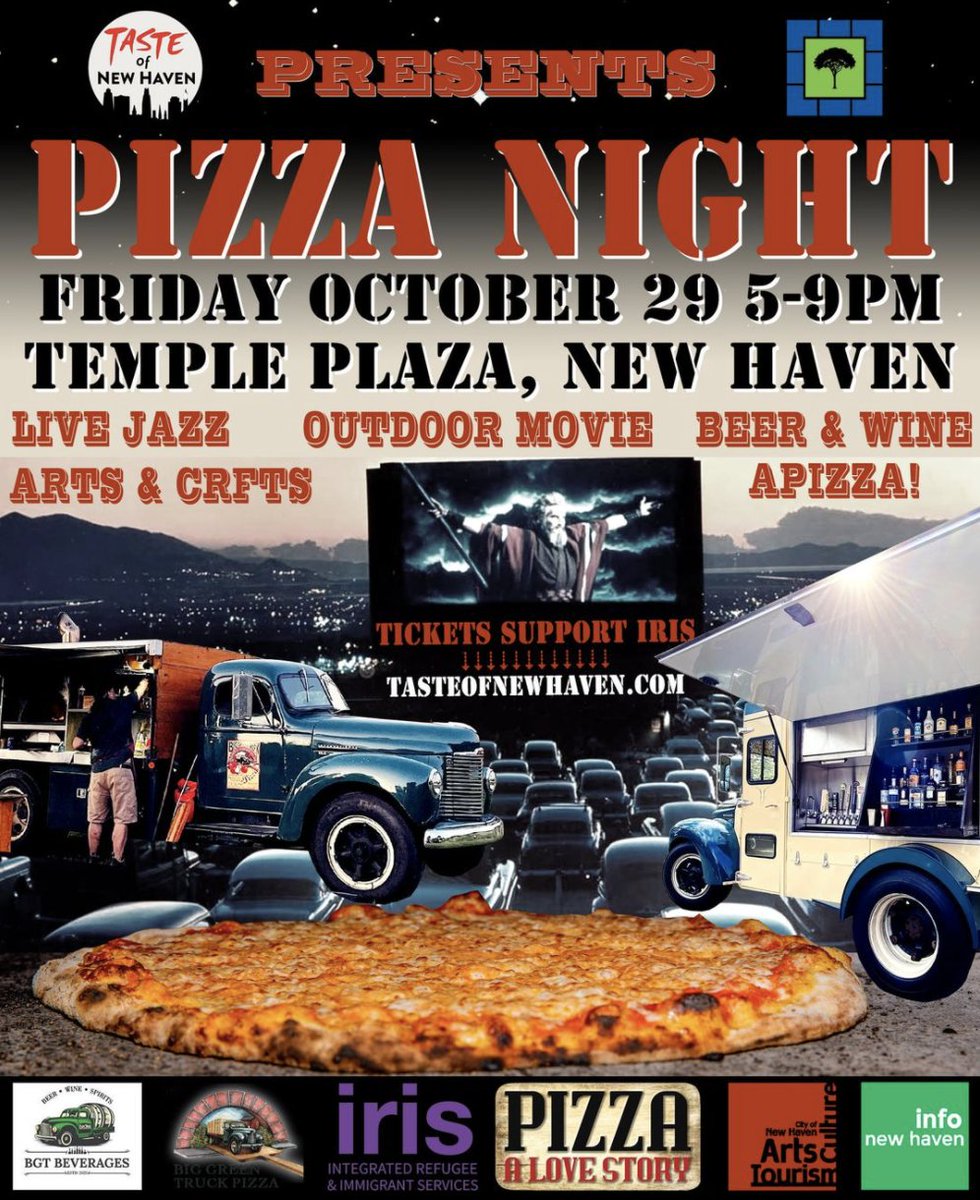 24 hours until PIZZA NIGHT w/ <a href="/tasteofnewhaven/">Taste of New Haven</a>! Tomorrow in New Haven's Temple Plaza, celebrate pizza, live music, an outdoor movie, beer, wine &amp; ALL for a great cause. #NHV
🍕 More info 👉 bit.ly/3GmlPDg
🍕 RSVP to Facebook event 👉 fb.me/e/4tFcNcSqx