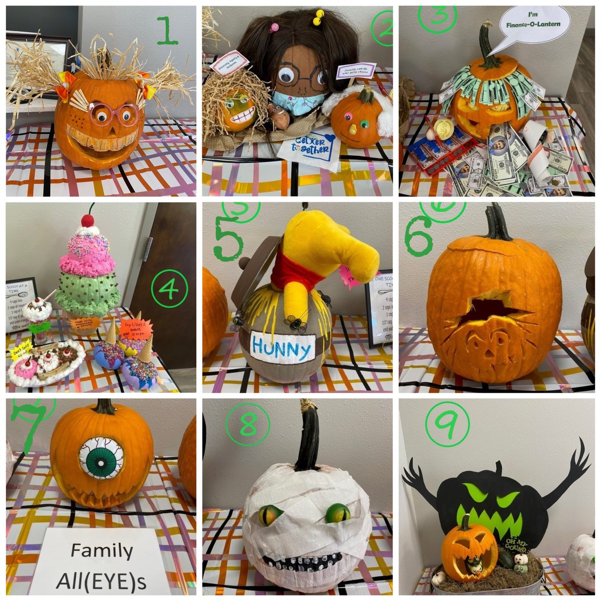 BrevardFP's tweet photo. Our Family of Agencies staff recently participated in a pumpkin contest. Which one is YOUR favorite? Post your favorite number below! https://t.co/coVQ7FdP75