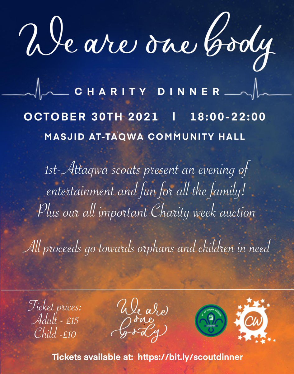 Join us for our Charity Dinner THIS SATURDAY for the whole family to enjoy! <a href="/CharityWeek/">Charity Week</a> 

including: 
❤️ Motivational reminders🤲🏼
🧡 Spoken word poetry✨
💚 Nasheeds 🎶 
🤍 A THREE COURSE MEAL🍗🍨
🖤 A MASSIVE AUCTION🎁

Link to purchase tickets below⬇️
bit.ly/scoutdinner