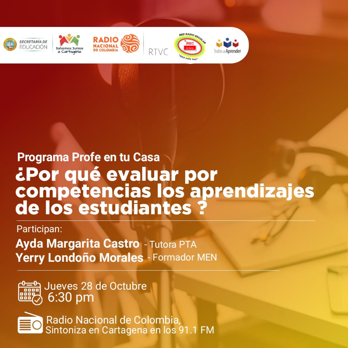 redradioe's tweet photo. Escucha Profe en Tu Casa por @RadNalCaribe en los 91.1 FM. 
Por qué evaluar por competencias los aprendizajes de los estudiantes?
Participan: Ayda Margarita Castro- tutora PTA
Yerry Londoño-Formador MEN
Hoy 28 de oct. 6:30 pm.
@RadNalCo @YurisLUH @Edwinmenco7 @BEATRIZBERNAL26 https://t.co/teNV3ilrOB