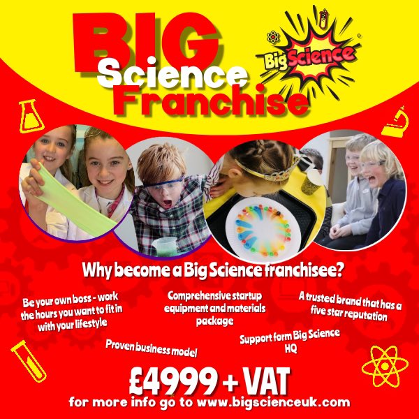 BigScienceUk's tweet photo. Do you want to become part of the Big Science team? Email us at info@bigscienceuk.com to request a copy of our franchise prospectus and find out more.
#franchisingnetwork #franchise #franchisee #beyourownboss #selfemployed #startup https://t.co/gieVNWo7cj