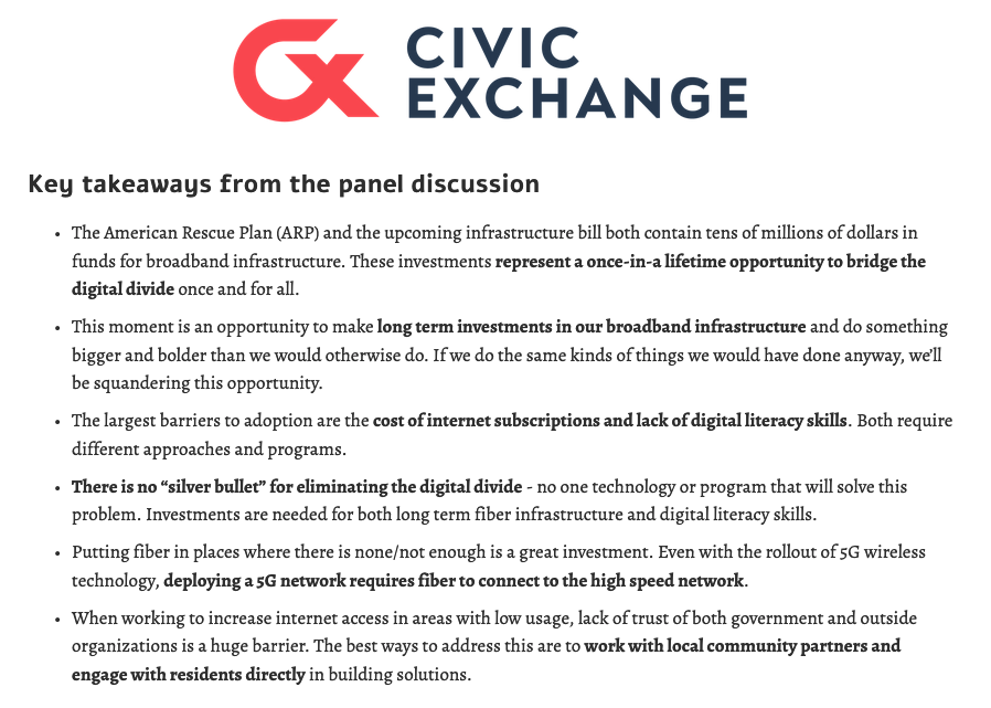 Civic__Exchange's tweet photo. Here's the full video and recap of our Reimagine Chicago Broadband panel: https://t.co/aZGJtbQR5g

If you care about equitable broadband in Chicago, we have some key takeaways for you: https://t.co/DIjF1lDZCR