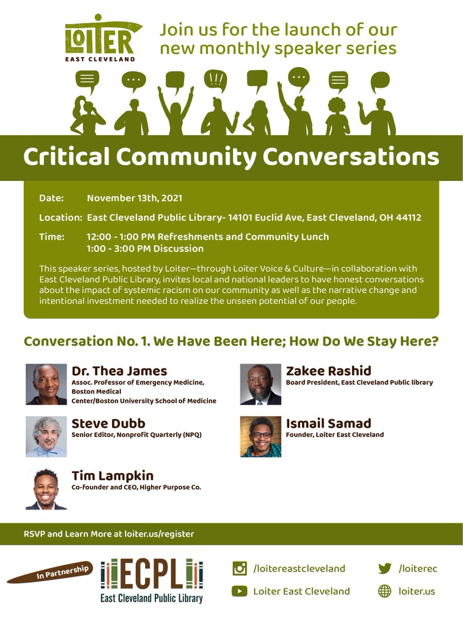 LoiterEC's tweet photo. We're excited to announce the launch of our speaker series in partnership with East Cleveland Public Library! The 1st event will be on November 13th with an amazing line up of speakers alongside both virtual and in person options. Click here to register https://t.co/LaZ6RarW5N https://t.co/FFcvEjVCXH