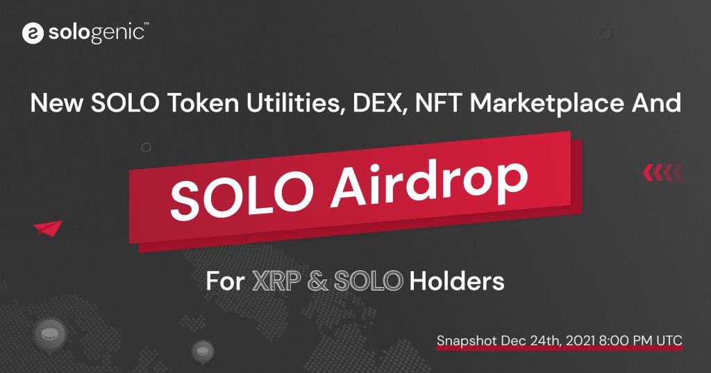 Read more about #Sologenic's latest developments and the upcoming $SOLO Airdrop for $XRP and $SOLO communities by unlocking 200M SOLO.

sologenic.medium.com/solo-token-dex…

⚫️ Snapshot: Dec 24th, 2021 8:00 PM UTC
⚫️ Distribution: Jan 20th, 2022 8:00 PM UTC

<a href="/realSologenic/">Sologenic</a>