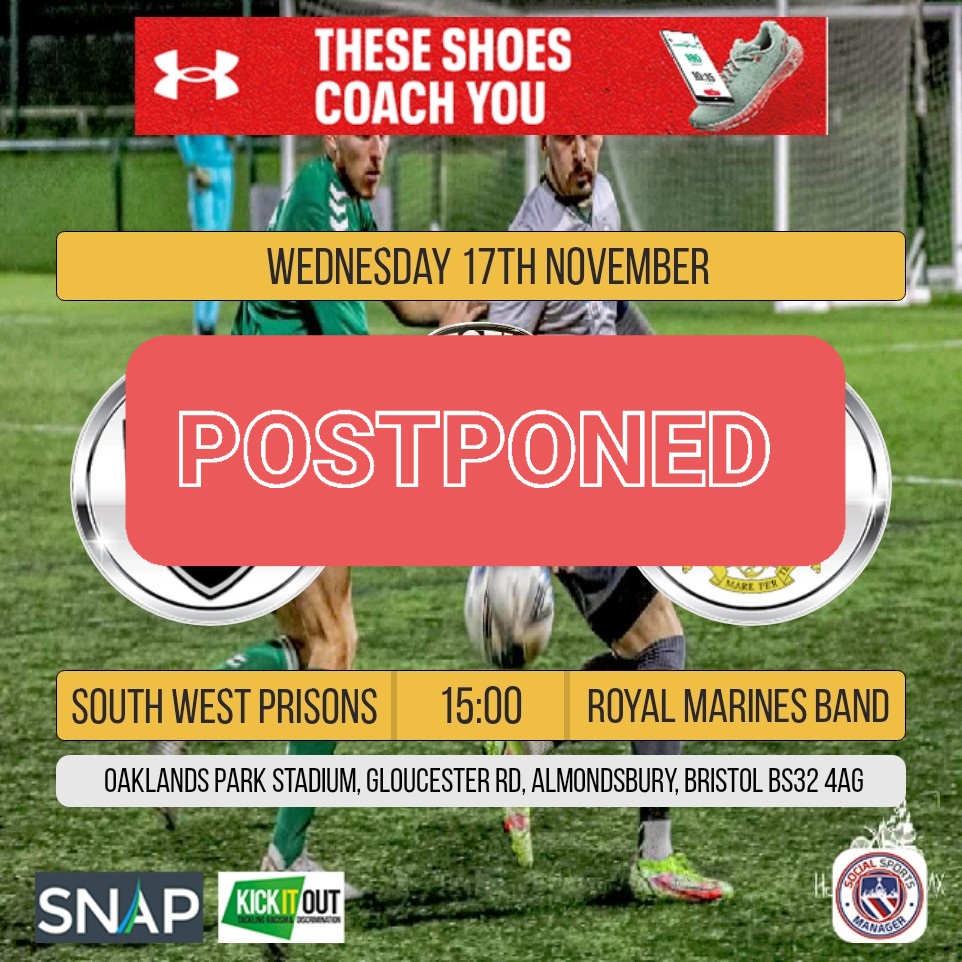 prison_west's tweet photo. Unfortunately our game with the Royal Marines band has been postponed due to the opposition not being able to raise a team.

Keep a eye out for our other fixtures in @ESFL20 https://t.co/VEctSaOQSW