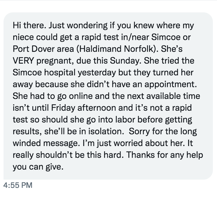 C19TestFinders's tweet photo. ๐ข Simcoe & surrounding area:
Looking for only 1๏ธโฃ #rapidtest donation for a pregnant person. Please DM if you have an extra rapid test to donate.
As this is time sensitive, please retweet to spread the word.
Sharing their story, anonymously with permission, below:
#ctfON https://t.co/kz4fbHaqw6