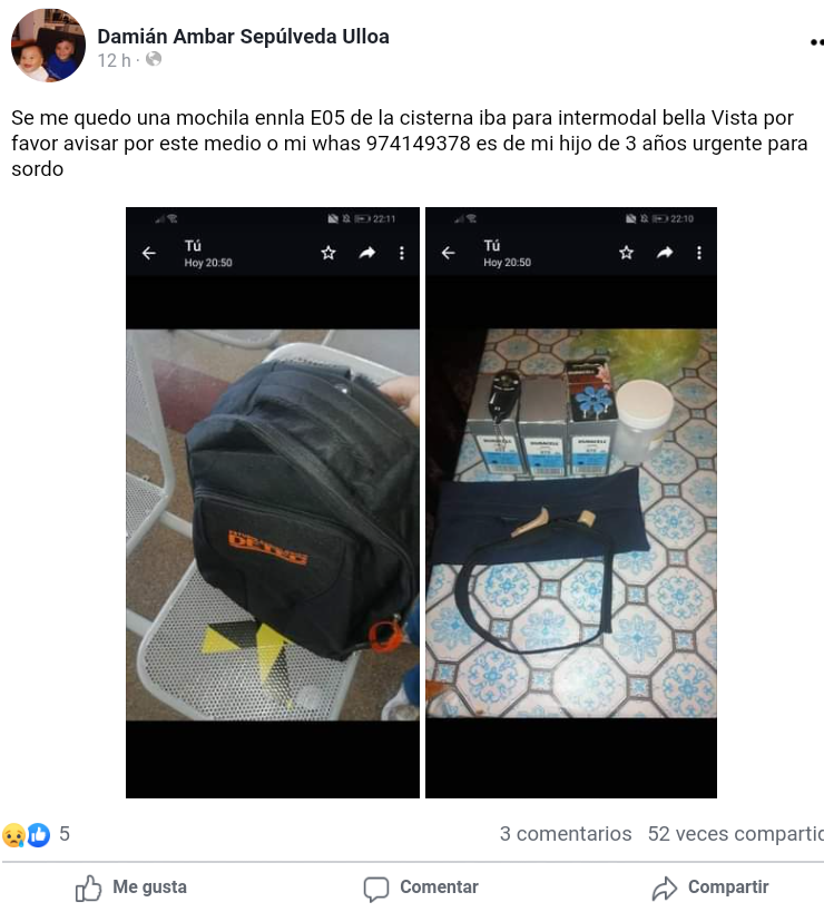 URGENTE, favor si encuentran una mochila negra con un set de batería mas audífonos para un niño con sordera de tres años, el cual, se extravío por el servicio E05 con dirección a EIM Bellavista de la Florida, avisar al celular 974149378, URGENTE.