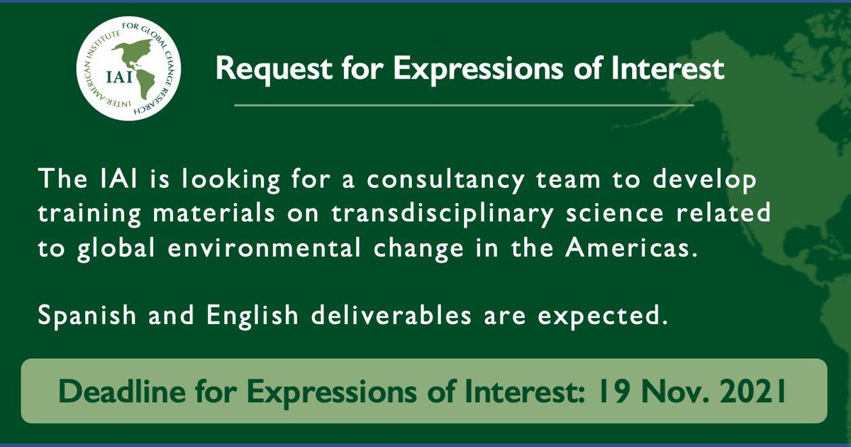 IAI_news's tweet photo. 📢 #Opportunity with @IAI_news

👉 We are #recruiting a #consultant #team to develop training materials on #transdisciplinary science on 🌎 global environmental change in the Americas

Deadline for Expressions of Interest 🗓️ 19 Nov. 2021

Learn more: https://t.co/PjPiqraHFp https://t.co/jVMCi43KI5