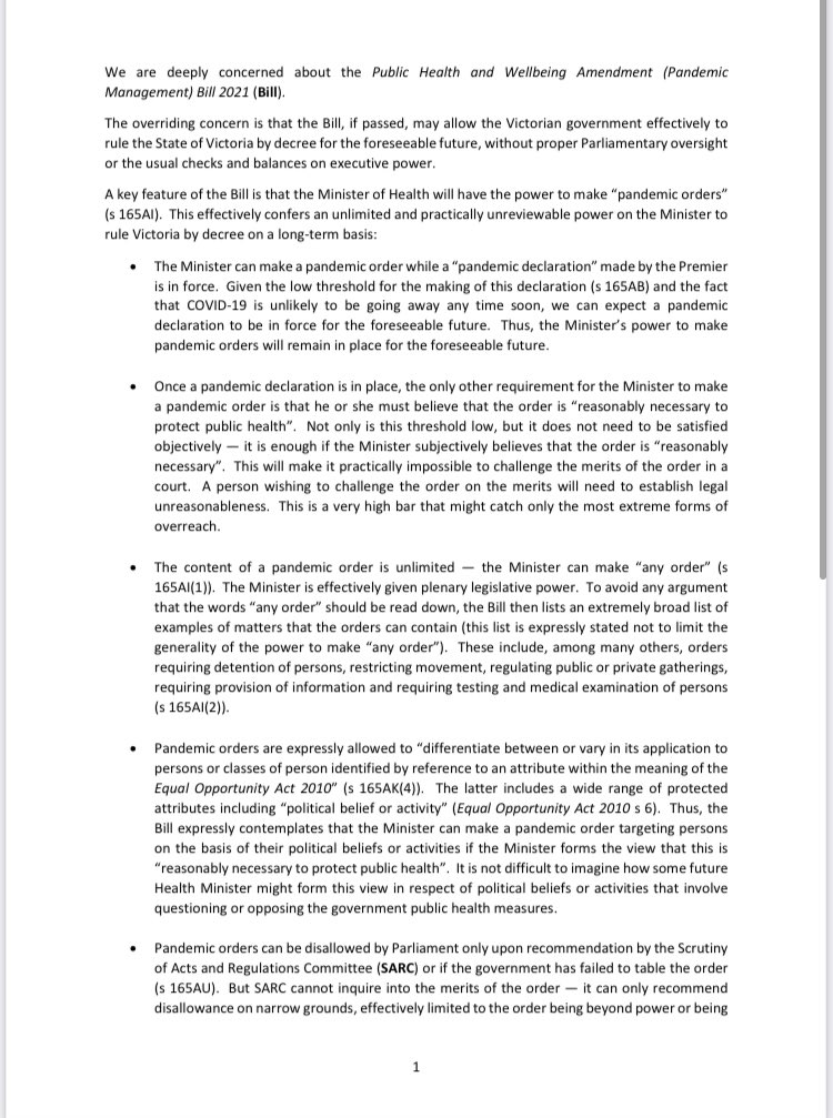 patrickdurkin's tweet photo. Leading Victorian QCs have written an open letter expressing their deep concern about new pandemic powers which have passed Victoria’s lower house. The QCs warn the laws would effectively allow the Vic govt to “rule by decree” and amount to a “blank cheque”#covid19vic #springst https://t.co/gIu13EPXFT