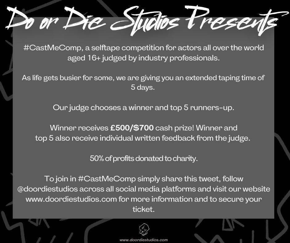 DoorDieStudios's tweet photo. 🚨 FINAL TICKETS REMAIN🚨

Scripts go out on Sunday evening for our final #CastMeComp of the year. Don’t miss out on your chance of winning £500 before the festive period!

https://t.co/ICOZJghINc https://t.co/PtV8iDk2w0