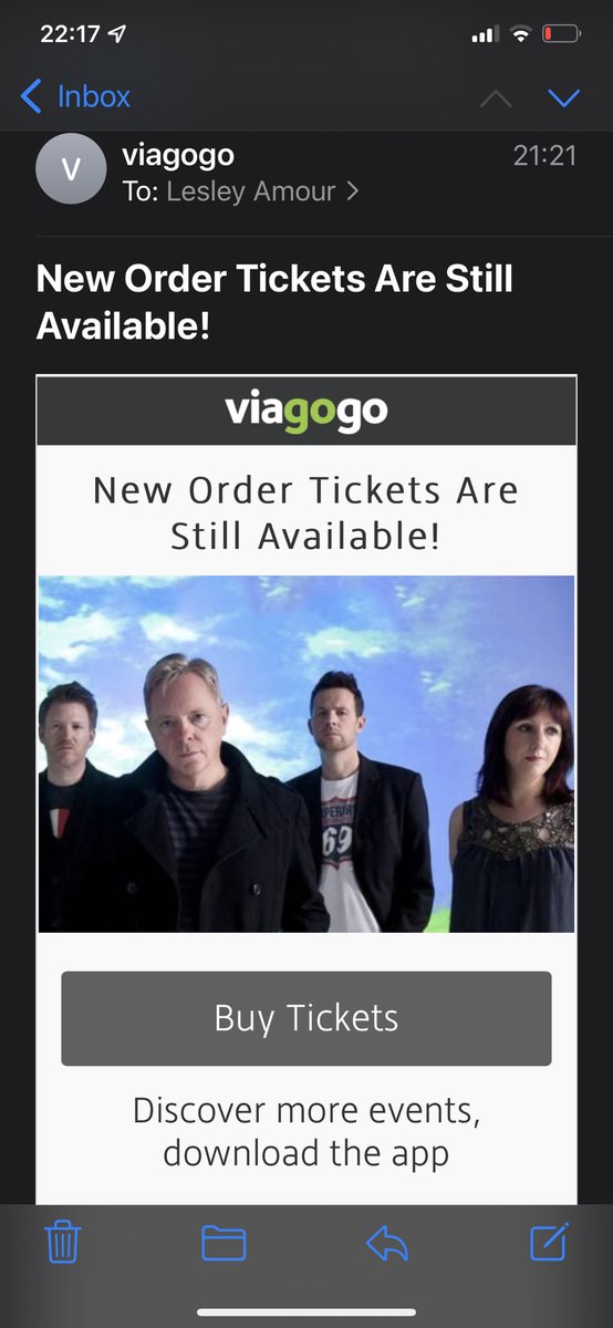 LesleyAmour's tweet photo. So @viagogo you took my re list down this morning to sell your own tickets! Your reason…can’t guarantee delivery in time. So how can you guarantee these tickets? @viagogo @neworder https://t.co/jcckI1IYWN