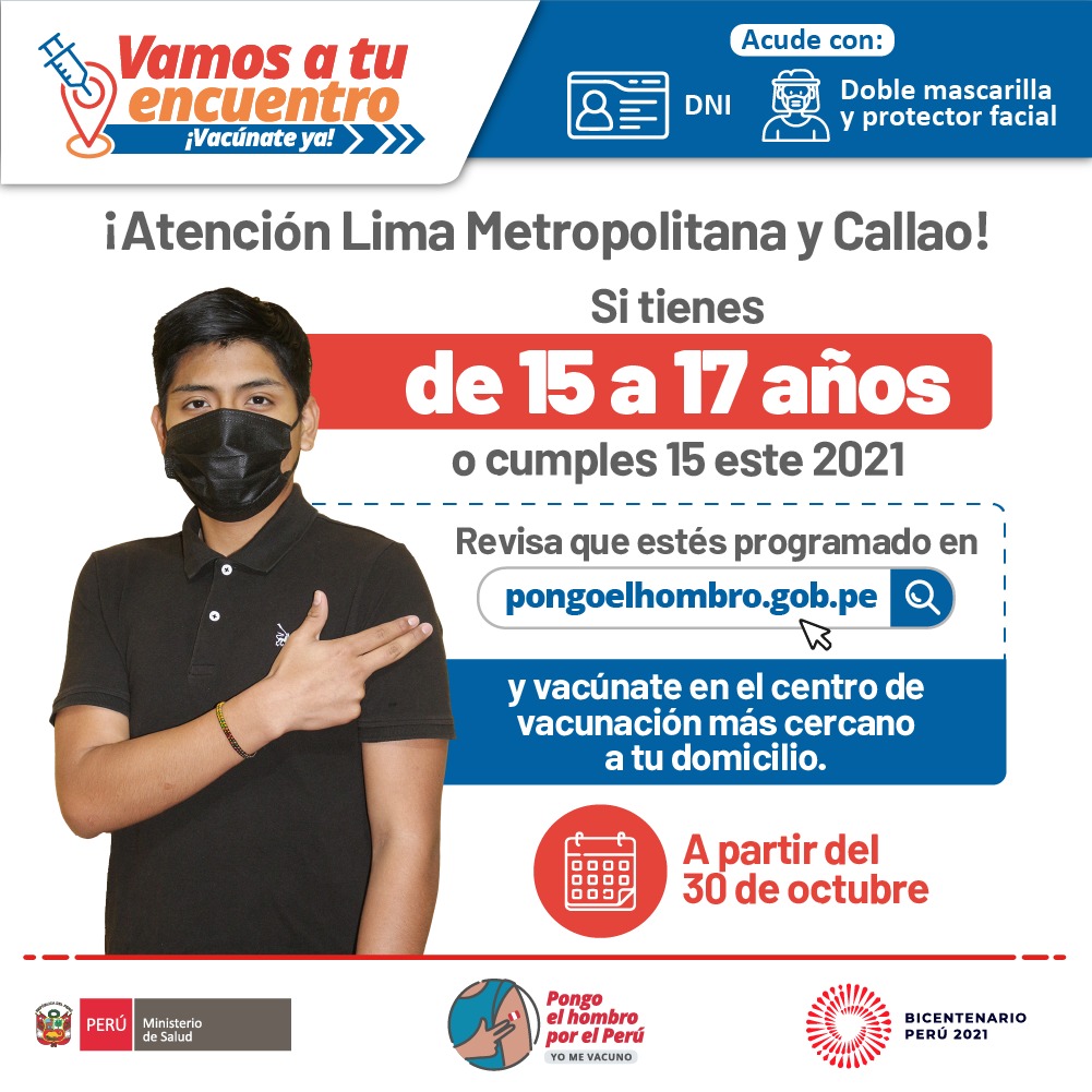 #VacúnateYa 🇵🇪 | Si tienes entre 15 y 17 años visita la plataforma pongoelhombro.gob.pe para conocer la fecha de tu vacunación contra la #COVID19. 💪💉