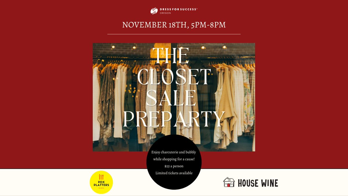 DFSOregon's tweet image. You're invited to The Closet Sale Pre-Party! At this exclusive shopping experience, you can be first to shop our Fall Closet Sale while enjoying bubbly provided by House Wine and charcuterie snacks provided by PDX Platters. Tickets now available: tinyurl.com/closetpreparty