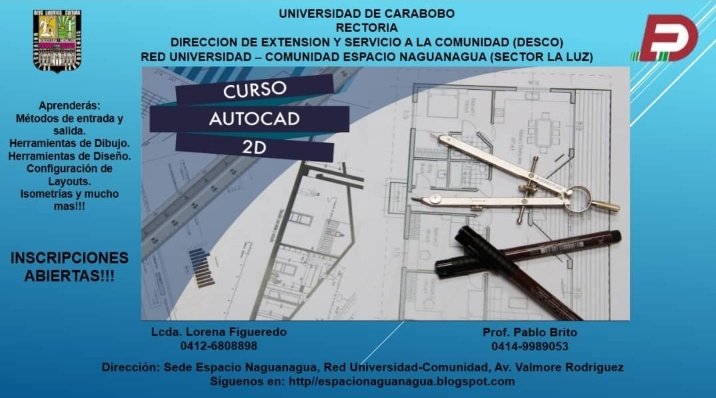 TiempoUC's tweet photo. #Noticia El espacio de la @descouc en Naguanagua ofrece a toda la comunidad 
-Curso de Matemática y Física para bachilleres y pre universitarios. 
-Curso de Autocad 2D
-Curso de Excel Básico
Información: Licda. Lorena Figueredo 0412-6808898 https://t.co/B16AzXkSVJ