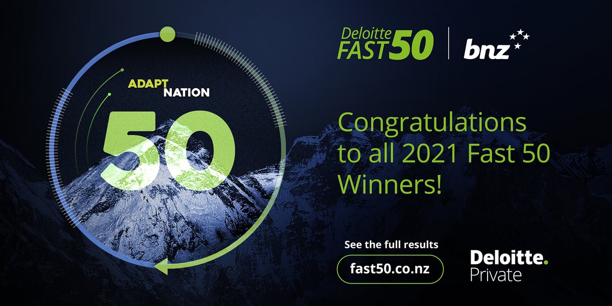 DeloitteNZ's tweet photo. Congratulations to all who placed on our Fast 50 and Master of Growth indices! The full results from the 2021 Deloitte Fast 50 are now online - see who took the top spots as the fastest growing businesses in New Zealand - https://t.co/EY70wghvT7
#DeloitteFast50 #NZFast50 https://t.co/hC6RqLo4dZ