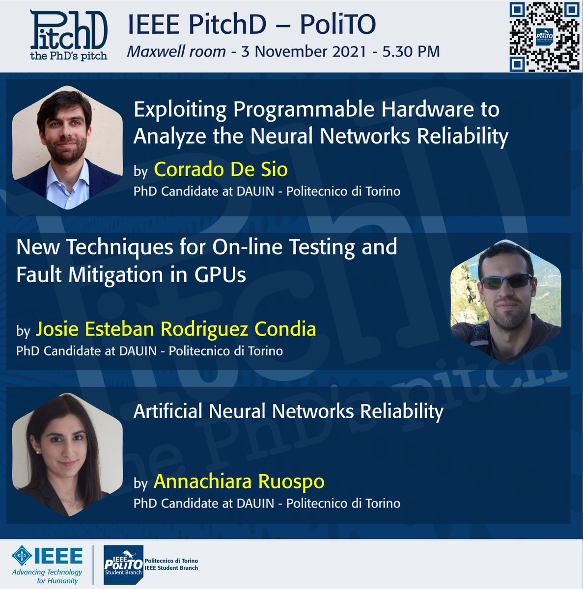 IEEESBPoliTO's tweet photo. The 6th PitchD of 2021: In Presence Event

⌚ 03.11.2021 -5.30pm CET
👉Registration: https://t.co/qUW2N9lQnp
👉Abstract: https://t.co/jPFlp7lGLr
👉Event: https://t.co/0wrZ7DNxfK

#ieee #sbpolito #polito #pitchd #phd #programmablehardware #neuralnetwork #faultmitigation #gpu https://t.co/YZsqRa2dKc