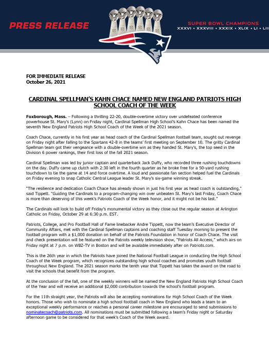 CSOboston's tweet photo. Congratulations to Cardinal Spellman's Kahn Chace who was named New England Patriots High School Coach of the Week!
#patriots #gopatriots #cardinalspellman #highschoolfootball #catholiceducation #bostoncatholicschools #rcab https://t.co/g5CJTKUF40