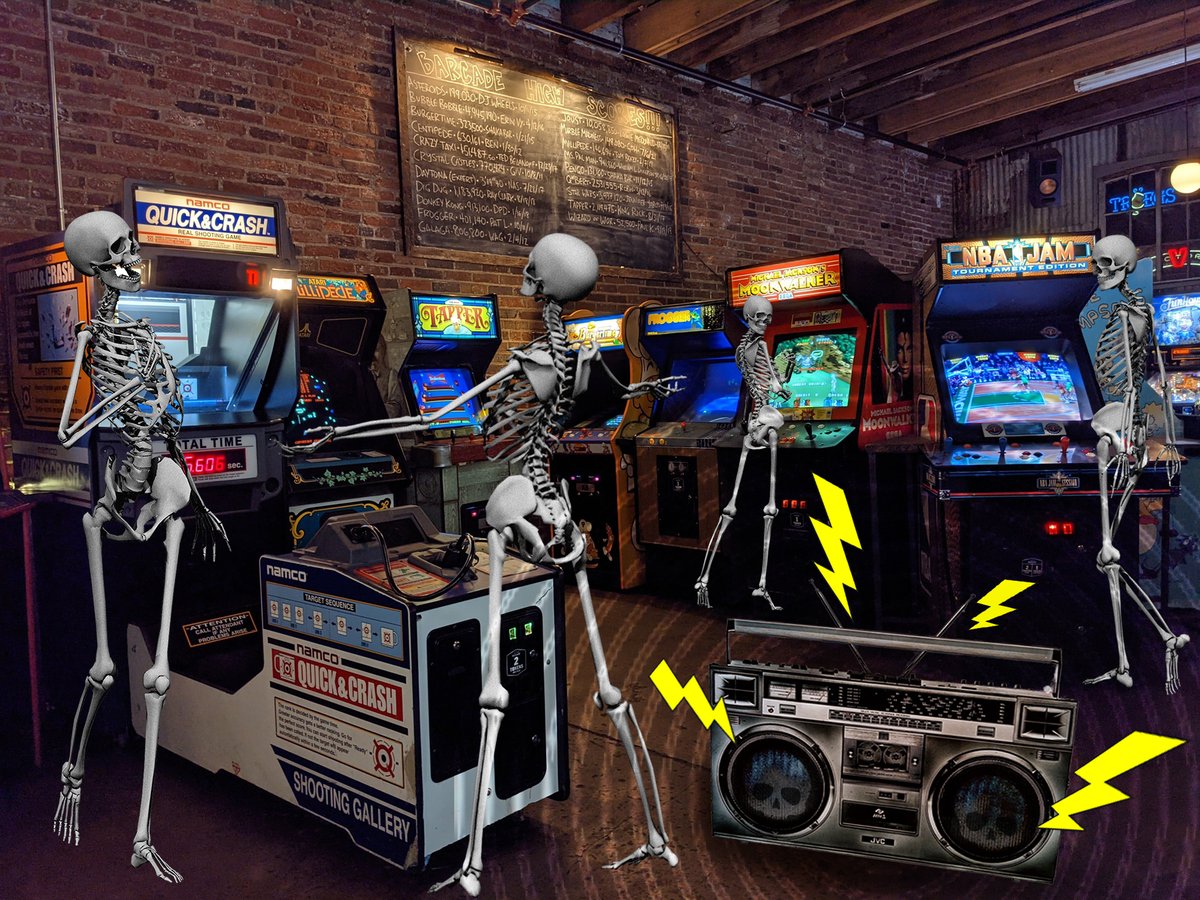barcade's tweet photo. At our Halloween party THIS Saturday 10/30, our boo-box will be blasting over 150 songs to shake your bones to. Come out for a night of fun, but don't lose your head! Our full playlist is posted on Facebook now!! #Barcade #Halloween #BooBox https://t.co/Hucjeg5zkF