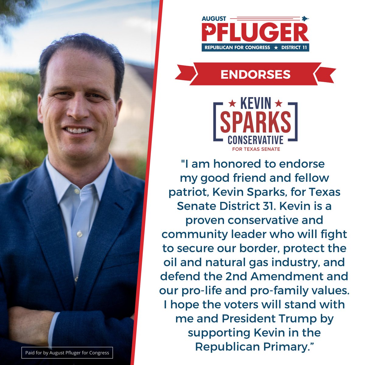 August Pfluger on X: I am proud to join President Donald Trump and endorse  Republican @kevinsparkstx for Senate District 31. Kevin's commitment to our  traditional, Texas values will make him a valuable