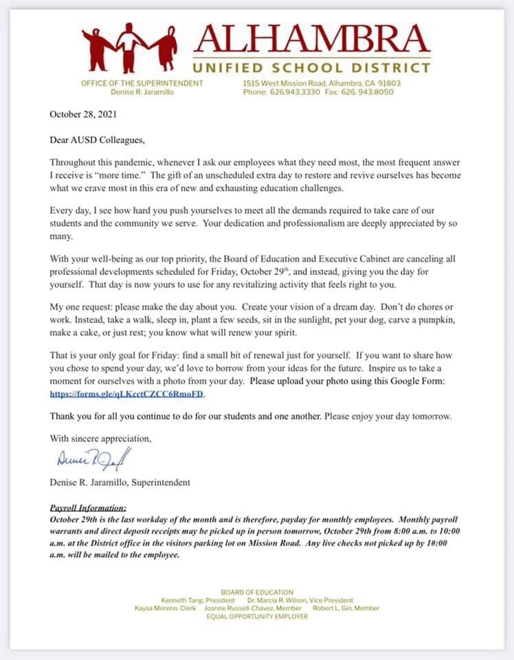 In recognition of the extraordinary efforts of its educators, Alhambra Unified is canceling professional development activities tomorrow to give their employees the gift of time. Bravo to <a href="/alhambrausd/">Alhambra Unified School District</a>, school board president Kenneth Tang and the entire board! 👏👏