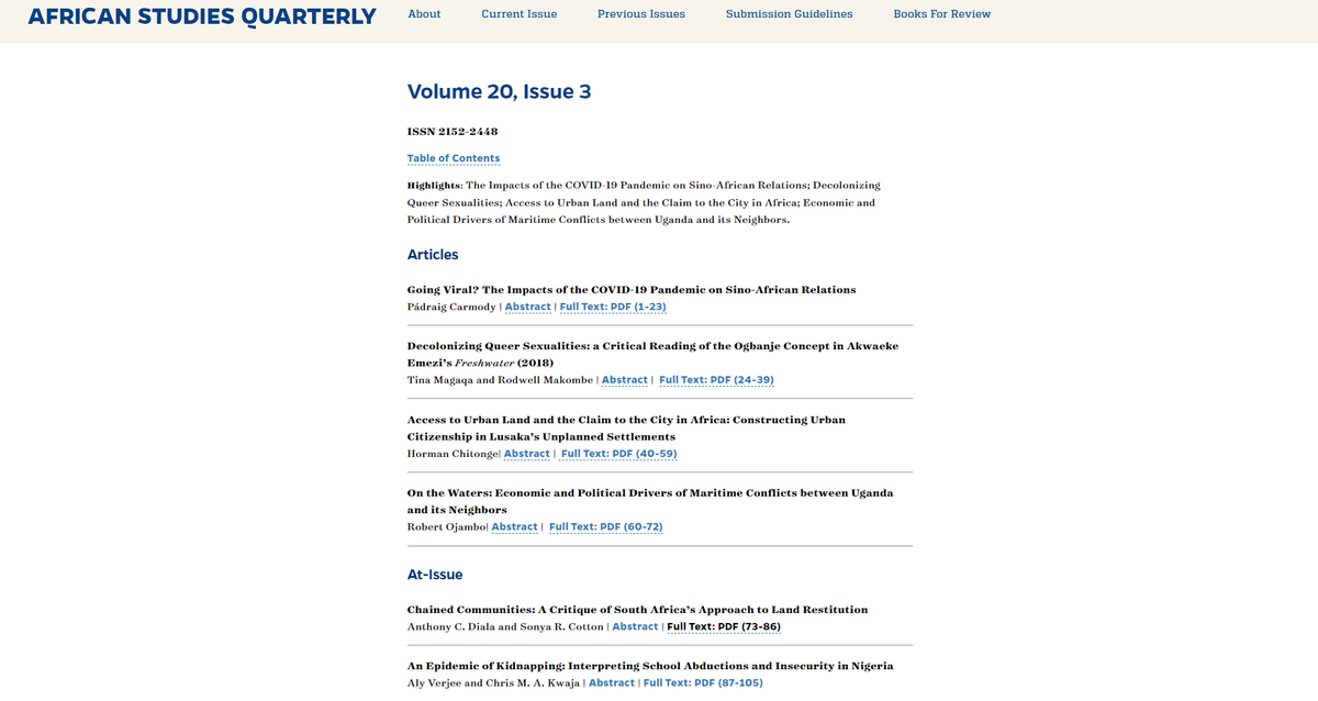 We are pleased to announce the release of a new ASQ issue featuring insightful line up of great articles and book reviews highlighting topics like the impact of the COVID on Sino-Africa Relations, Decolonizing queer Sexualities etc. More here:asq.africa.ufl.edu/current-issue/