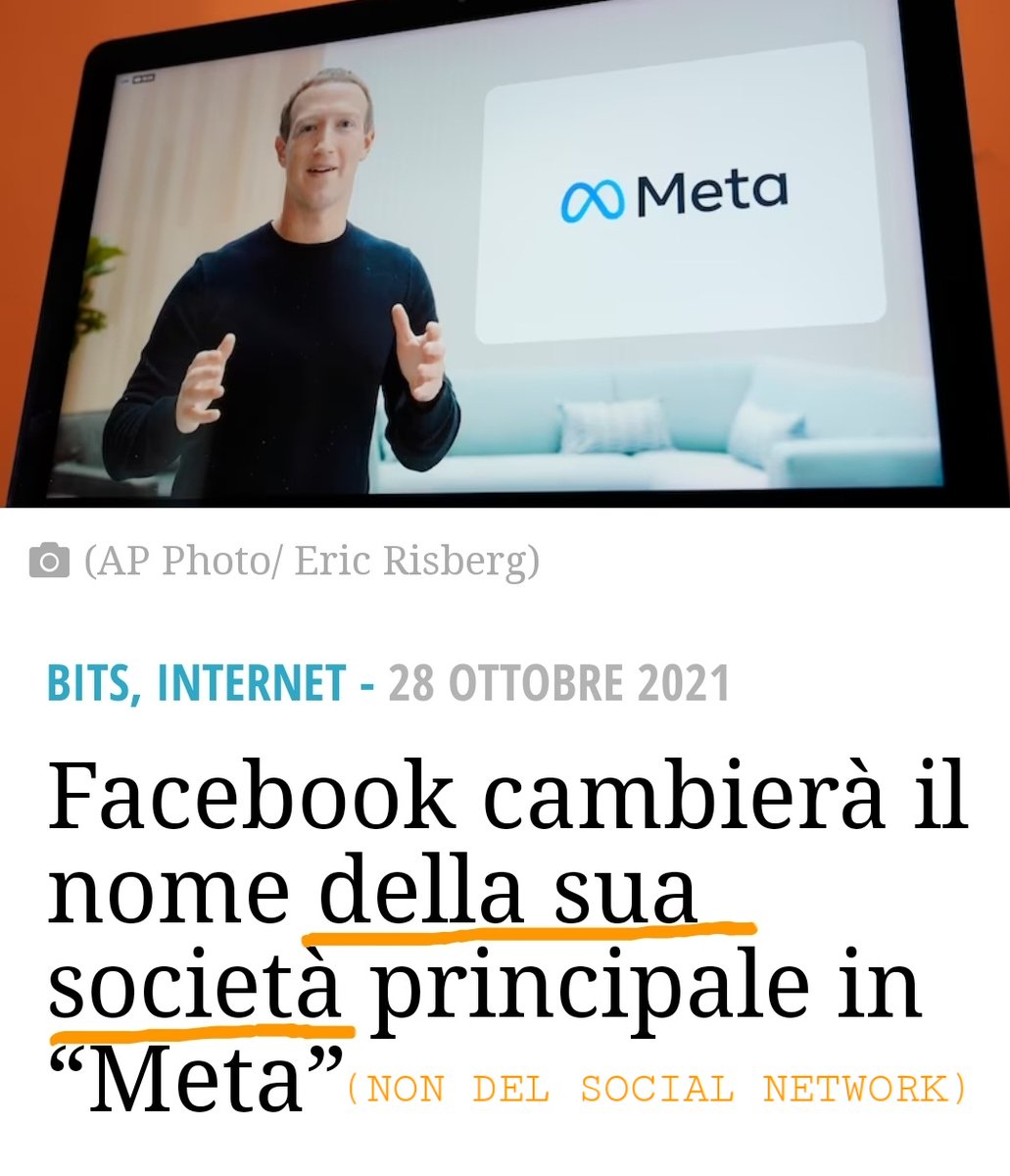 simonealiprandi's tweet photo. Ma quante lauree ci vorranno per capire che...NO #Facebook NON cambia nome; cambia nome solo la società Facebook Inc.?! Se non riuscite a cogliere la differenza siamo messi male. Lo dico principalmente ai giornalisti che stanno scrivendo post insensati. Dai su. #meta #socialmedia https://t.co/gRPe9ToBif