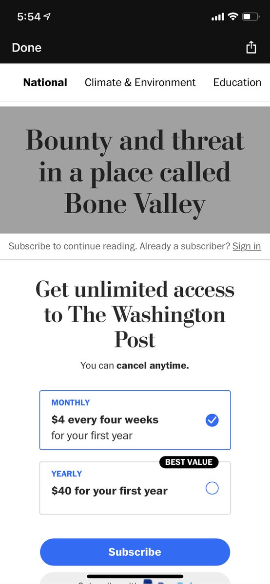 Hey <a href="/washingtonpost/">The Washington Post</a> this is the screen I get inside your mobile app. When I’m signed in. I am a paid subscriber. #uxfail