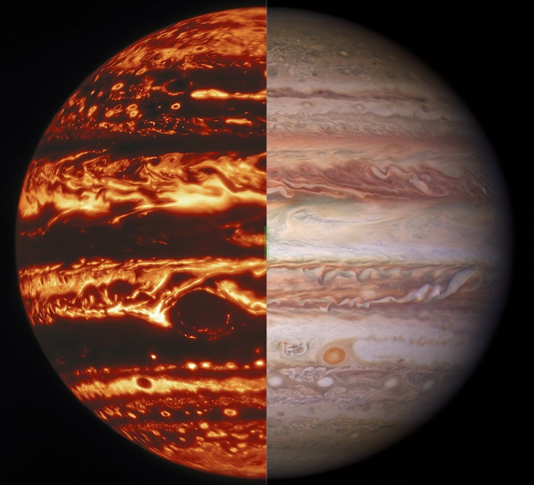 NASA's tweet photo. Jupiter's Great Red Spot is over 200 miles (350 km) deep, and its polar cyclones barely change location over time. New findings from our #JunoMission give a fuller picture of the planet's turbulent atmosphere: https://t.co/tZX2MsKFLl https://t.co/rRO1m01gUg