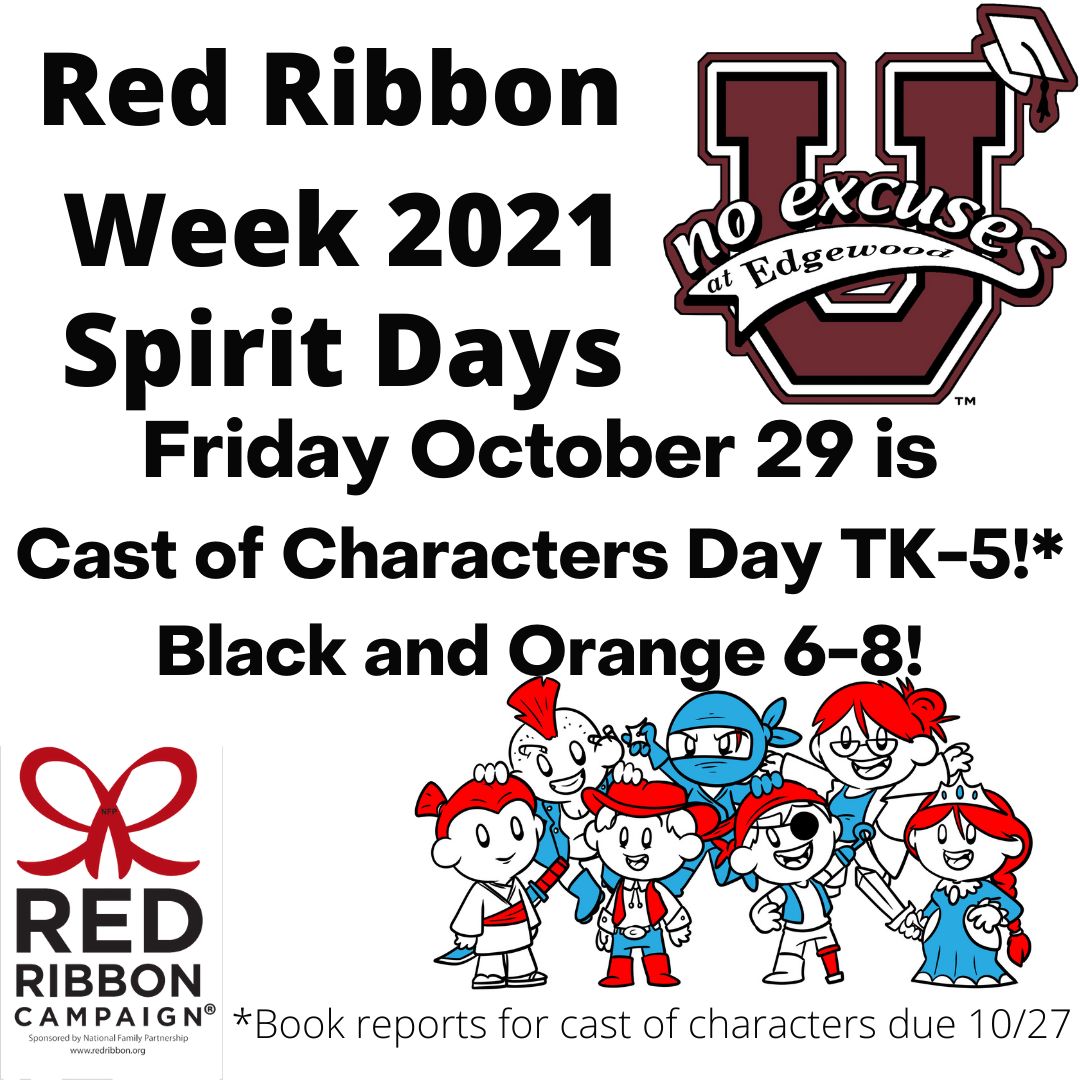 EdgewoodBUSD's tweet photo. Red Ribbon Week Concludes Tomorrow with Cast of Characters Day for TK-5 And Orange and Black Day for 6-8!
#goknights #EWproud #ewbusd
#BUSDProud https://t.co/fqQqdTy51D