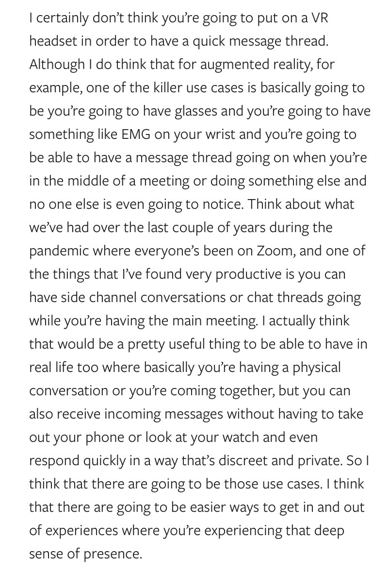 JuddLegum's tweet image. In an interview with @benthompson, Zuckerberg says a “killer use case” of the metaverse is wearing augmented reality glasses when you are interacting with people in real life that allow you to continue text messaging people without people in real life noticing