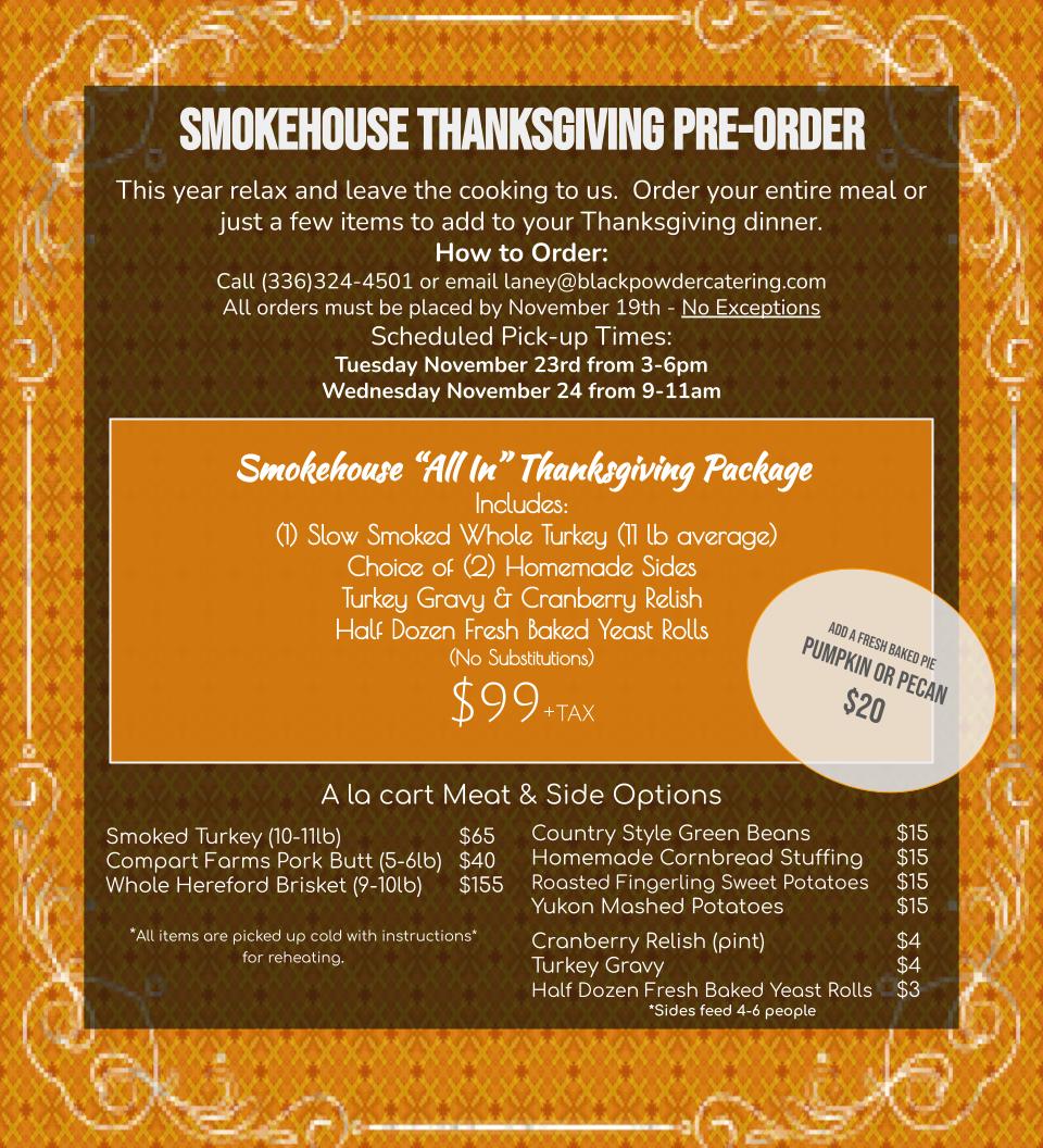 BlackPowderBBQ's tweet photo. It's been a stressful year so relax and let us do the cooking!  Supplies are limited so don't wait.  #Thanksgivingspecial #holidayturkey #blackpowdersmokehouse #ncbbq #holidaymeals https://t.co/KwUVdX3LyJ