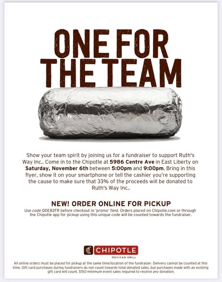 ruthsway's tweet photo. 👀 where’s my 🌮 Chipotle Mexican Grill peeps?
🗣SATURDAY 11/6 ~ 5-9pm // East Liberty location! SAVE THE DATE!! Ruth's Way, Inc. Fundraiser 💜💛 😋 https://t.co/EdvpdTCMFM