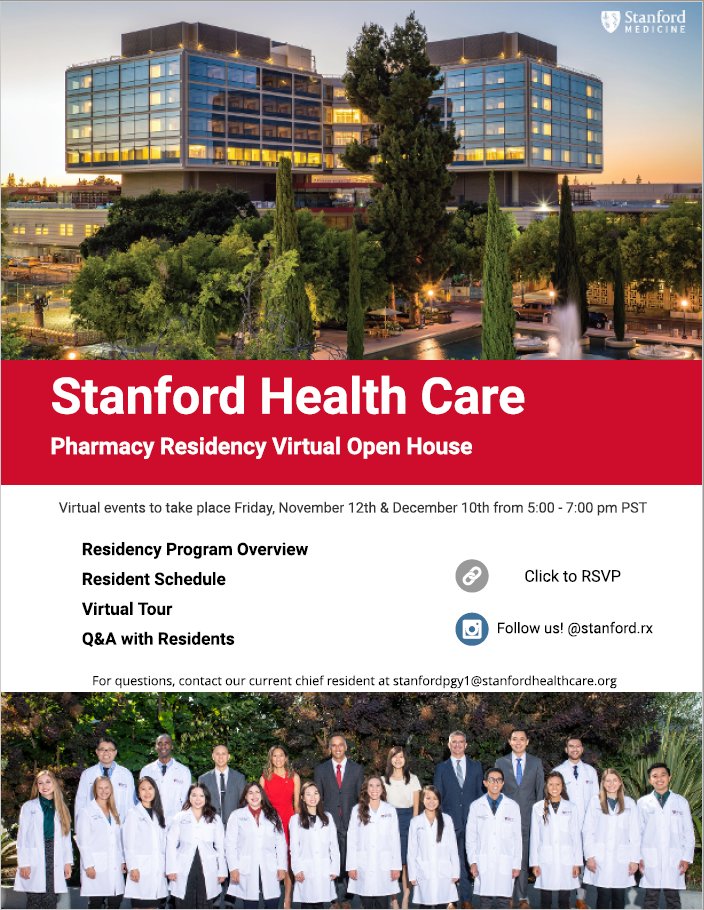 Interested in a PGY-2 Emergency Medicine Pharmacy Residency at Stanford? 

Please join us at our pharmacy residency virtual open house on Friday, Nov 12th and Friday, Dec 10th from 17:00-19:00 PST. 

RSVP: stanforduniversity.qualtrics.com/jfe/form/SV_eh…

Other PGY-1 and PGY-2 programs will be there too!