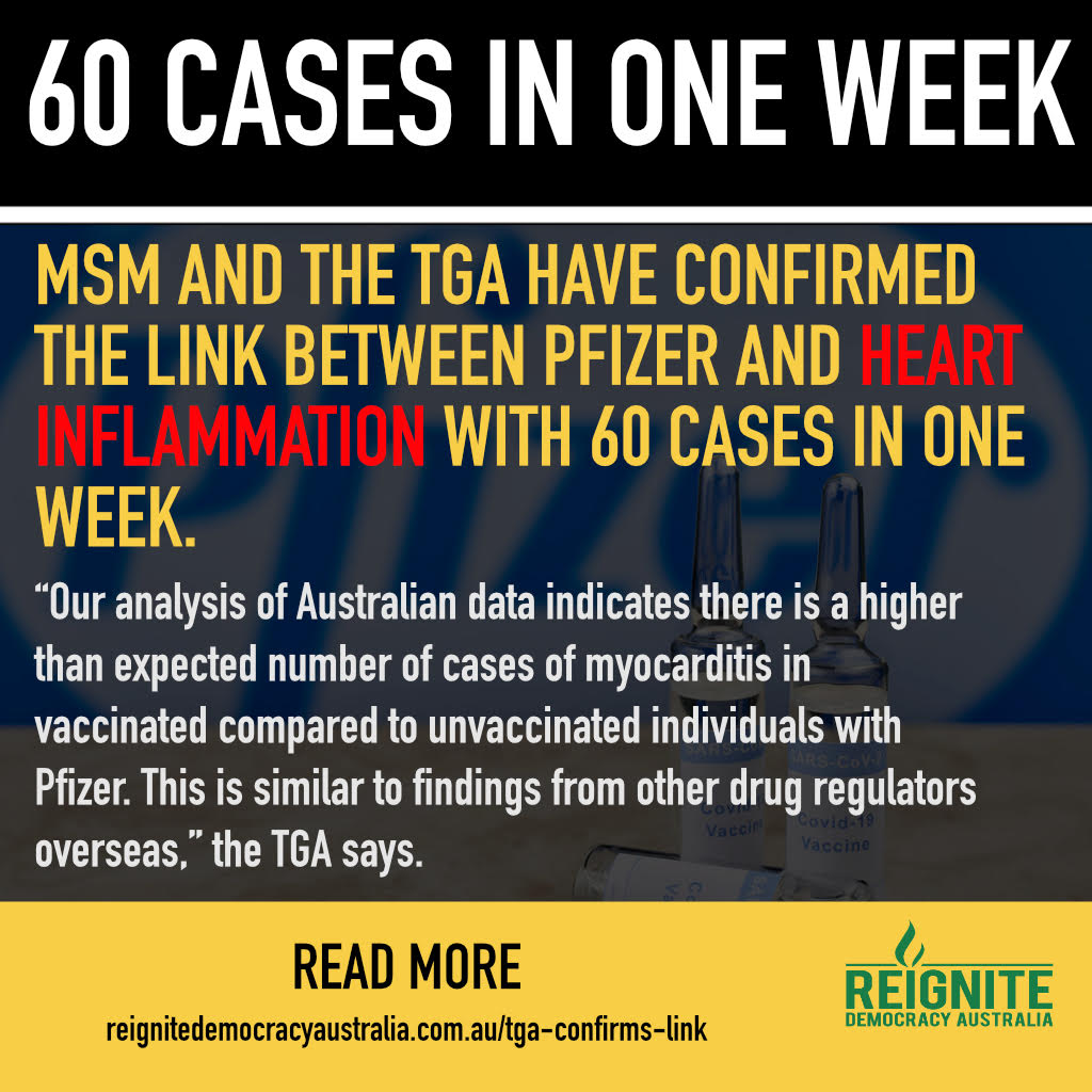 reignitedem's tweet photo. Australia has recorded 60 cases of a heart condition linked to Pfizer in the past week TGA CONFIRMS - Share this everywhere, the vaccine rollout needs to be halted. How many more have to suffer? | https://t.co/coRB47Iuuw https://t.co/x2TcQsd2iY