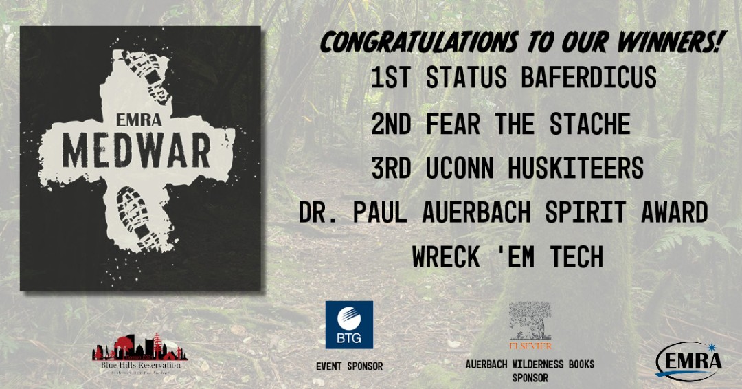 Congrats to our #MedWAR Winners! 
🏆 1: Status BAFERDicus <a href="/AlbanyMed/">Albany Med Health System</a> 
🏆 2: Fear the Stache  <a href="/StanfordEMED/">StanfordEM</a> 
🏆 3: UCONN Huskiteers <a href="/UConnEmergMed/">UConn Emergency Med</a> 
🏆 Dr. Paul Auerbach Spirit Award: Wreck EM Tech <a href="/TexasTechEM/">Texas Tech Emergency Medicine Residency</a> 
Thank you to our sponsor <a href="/BTGPharma/">BTG Pharmaceuticals (now SERB Pharmaceuticals)</a> and Prize Sponsor <a href="/Elsevier_Med/">Elsevier for Medical Professionals</a>!