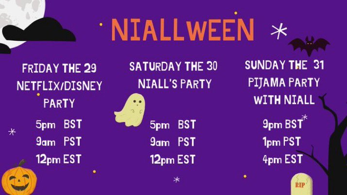 nhstreamupdates's tweet photo. 🎃 NIALLWEEN SP 🎃
Join us this Friday, Saturday and Sunday for a 3 day streaming party!
• Day 1: Netflix/Disney layout & themed sp & games
• Day 2: Niall’s party; change ur layout to ur fav NIALL era!
• Day 3: Pajama party! Back to our layouts ; pajama themed games! https://t.co/huzSZFtlAE